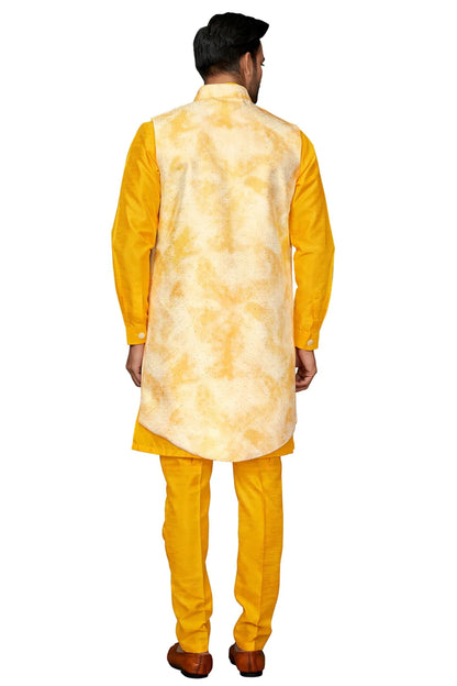 Bright Yellow Silk Wedding Suit Indowestern Kurta with Jacket & Pant for Men - Resham Work, Sequence Embroidery Work