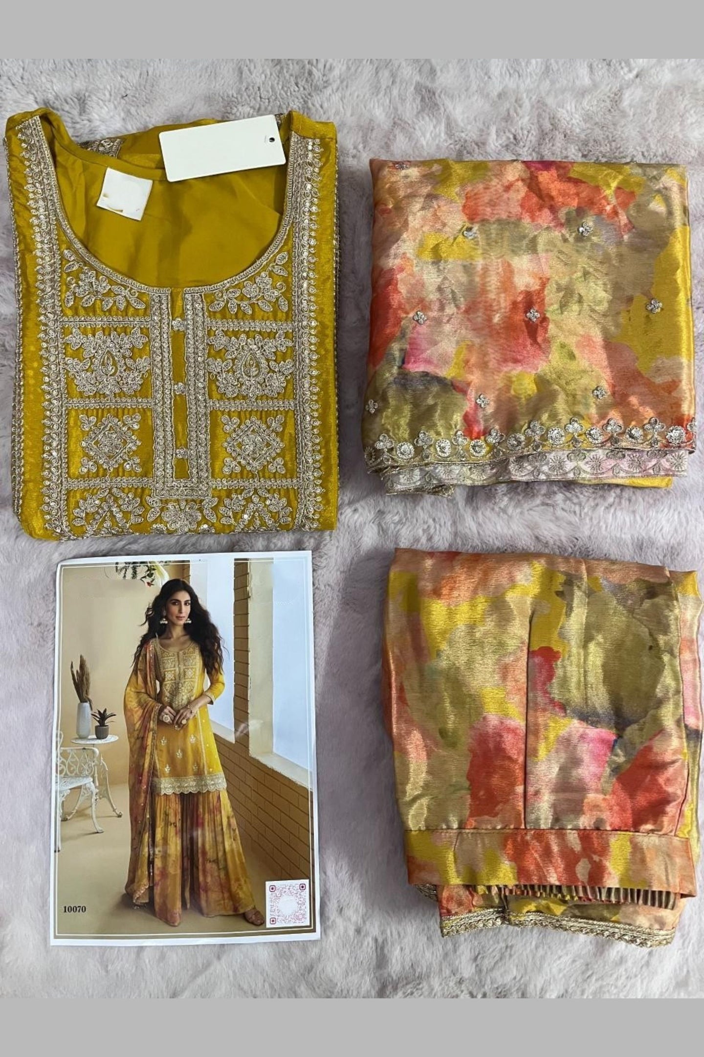 Mustard Yellow Chinon Silk Sharara Suit For Haldi Indian & Pakistani Wedding - Thread & Sequins Embroidery Work, Print Work