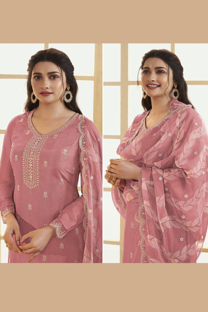 Pink Dola Silk Plus Size Upto 9XL Size Kameez Pant Suit For Indian Festivals & Pakistani Weddings Dress - Embroidery Work, Print Work