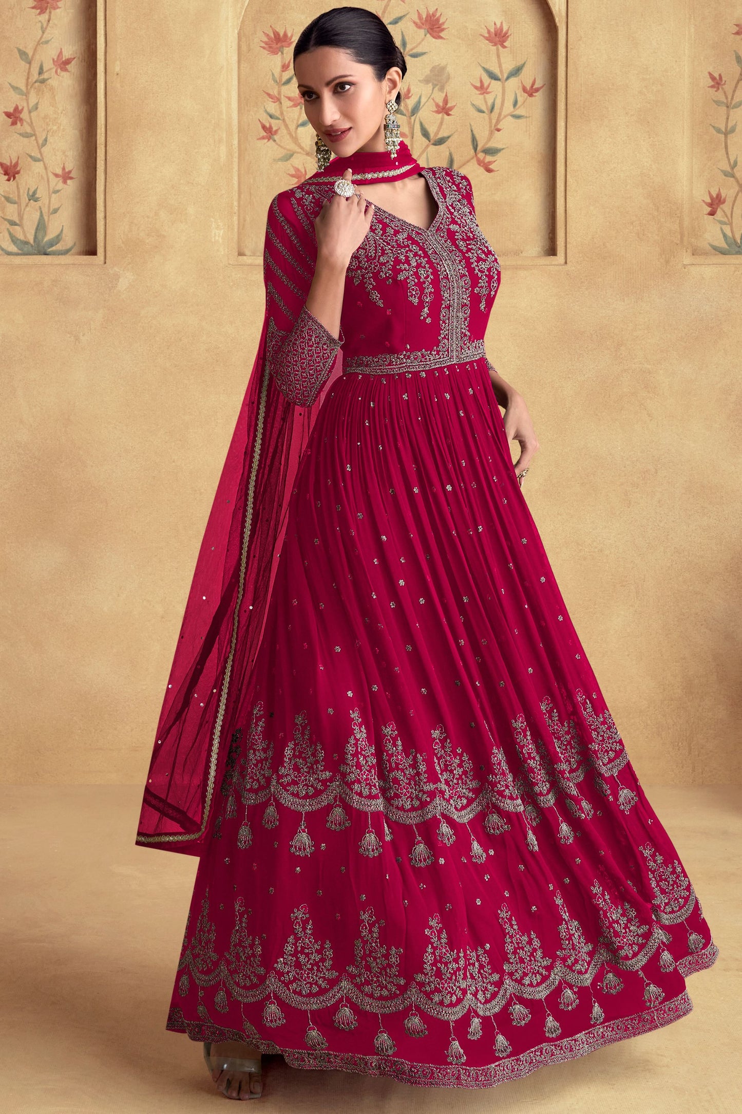 Red Chinon Silk Anarkali Gown Suit For Indian Festivals & Weddings - Embroidery Work