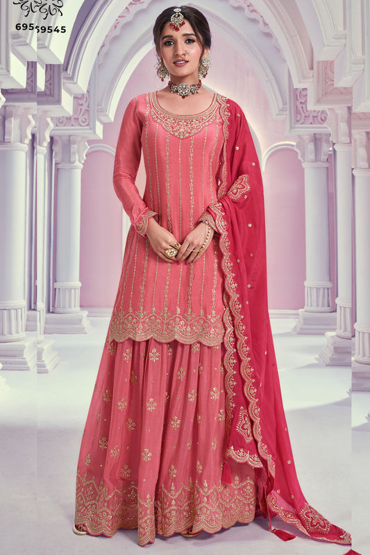 Coral Pink Chinon Silk Palazzo Suit For Indian Festivals & Pakistani Plazo Weddings Dress - Embroidery Work