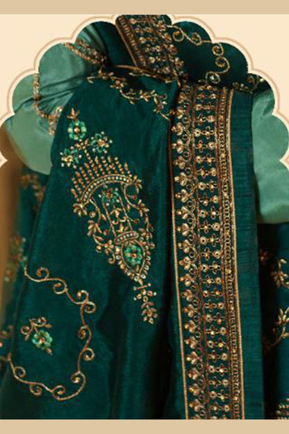 Dark Pista Satin Kameez with Plazzo Suit For Indian Festivals & Pakistani Weddings - Thread Embroidery Work, Sequence Embroidery Work