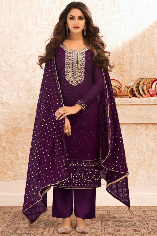 Dark Purple Georgette Kameez with Pant For Indian Suit Festivals & Weddings - Embroidery Work