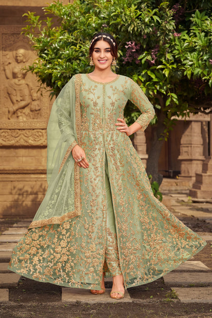 Brown Pakistani Net Anarkali Gown For Indian Festivals & Weddings - Thread Embroidery Work