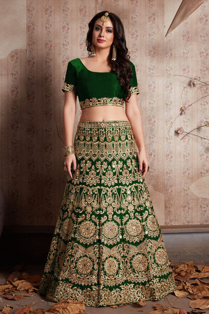 Green Velvet Silk Lehenga Choli For Indian Festival & Weddings - Sequence Embroidery Work, Mirror Work, Zari Work