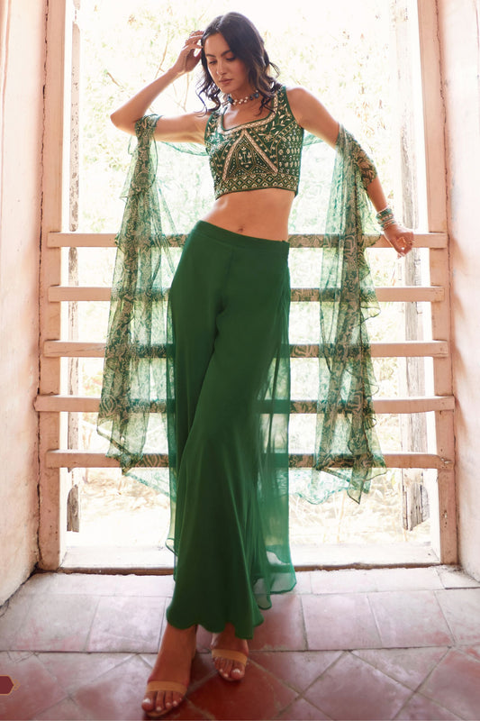 Green Georgette Sharara Choli For Indian Festivals & Weddings - Thread Embroidery Work, Hand Embellishment, Mirror Work