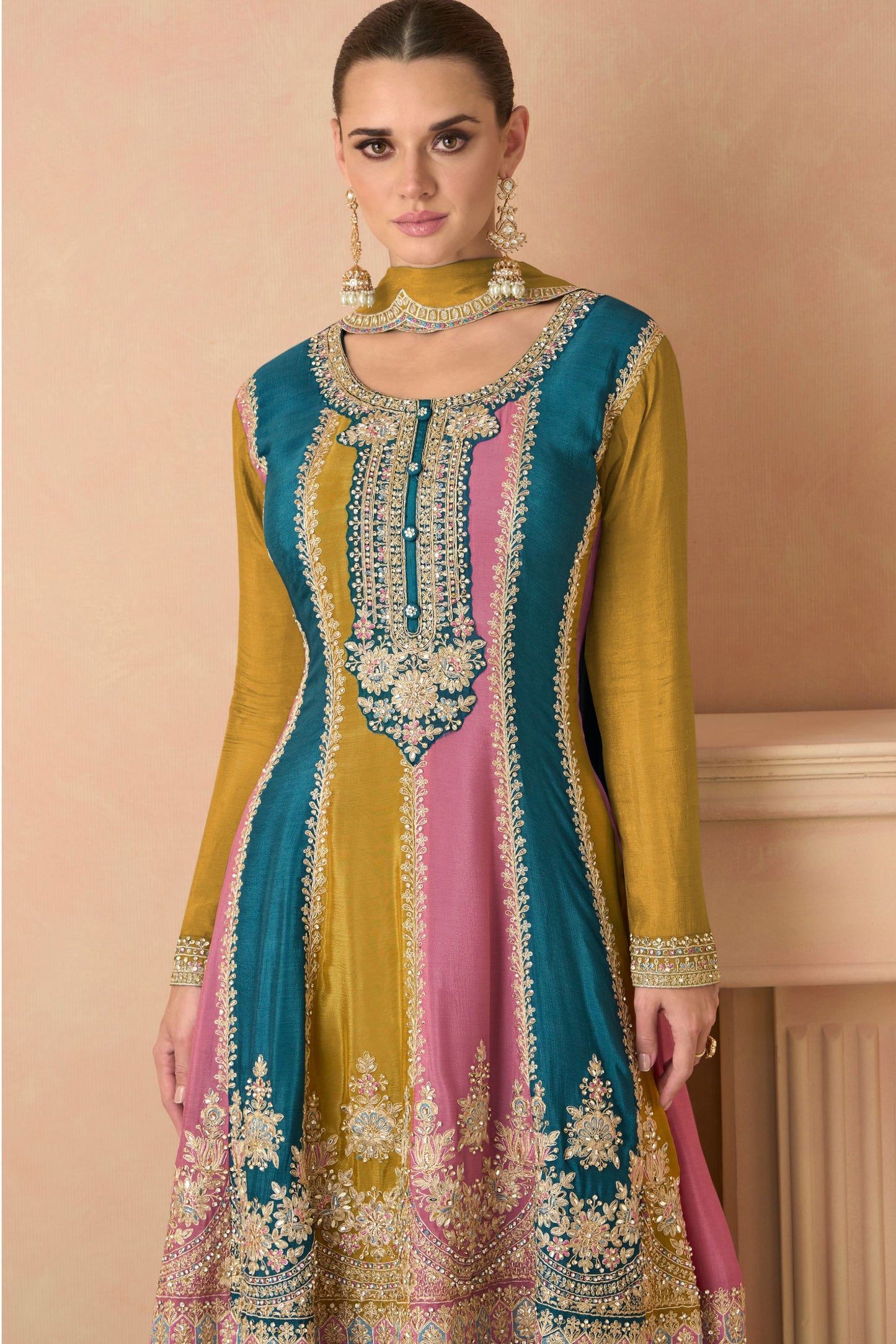 Multicolor Chinon Silk Plazo Suits For Pakistani Festivals & Indian Weddings - Embroidery Work