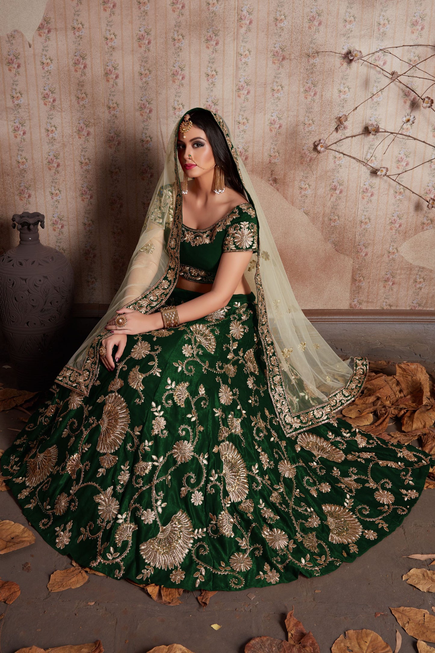 Green Velvet Silk Lehenga Choli For Indian Festival & Weddings - Sequence Embroidery Work, Lace Work, Zari Work