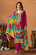 Dark Pink Chinon Silk Kameez Pant Suit For Indian Festivals & Weddings - Thread Embroidery Work, Sequence Embroidery Work