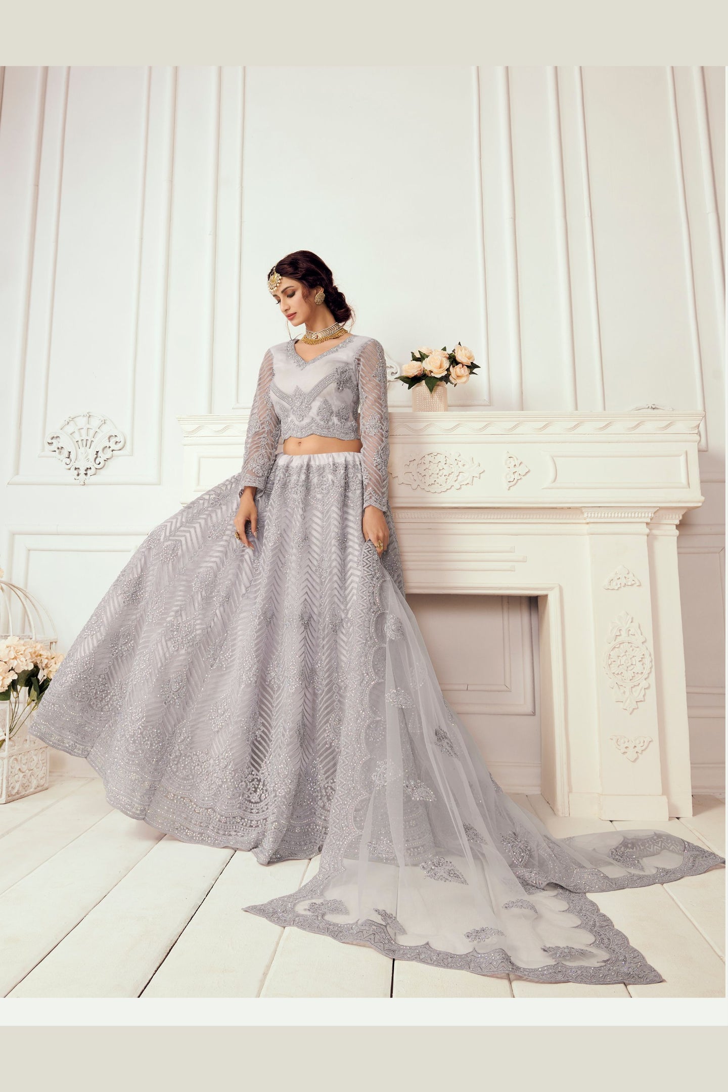Silver Color Net Lehenga Choli For Indian Festivals & Weddings - Thread Embroidery Work, Codding Embroidery Work, Stone Work