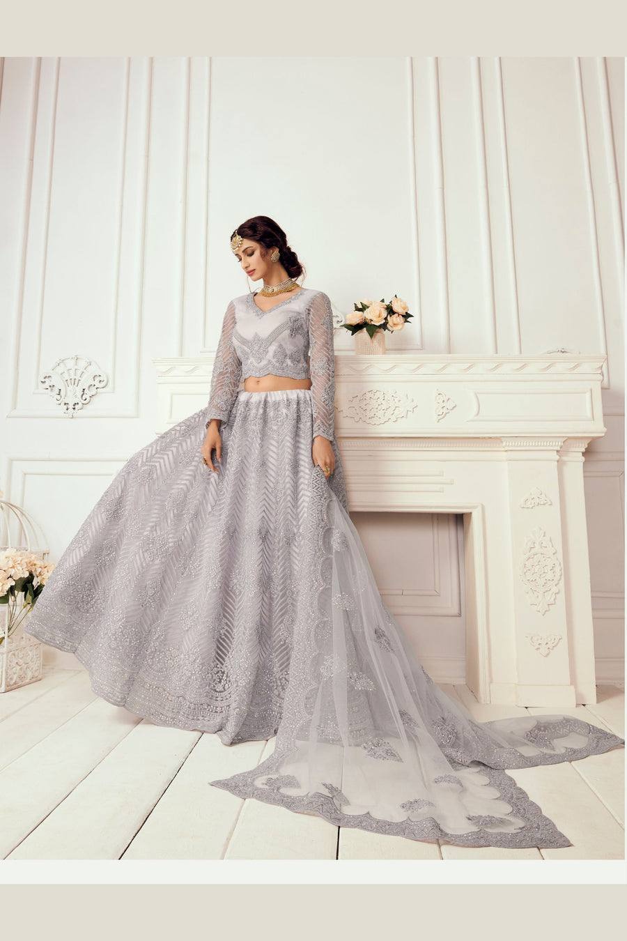 Silver Color Net Lehenga Choli For Indian Festivals & Weddings - Thread Embroidery Work, Codding Embroidery Work, Stone Work