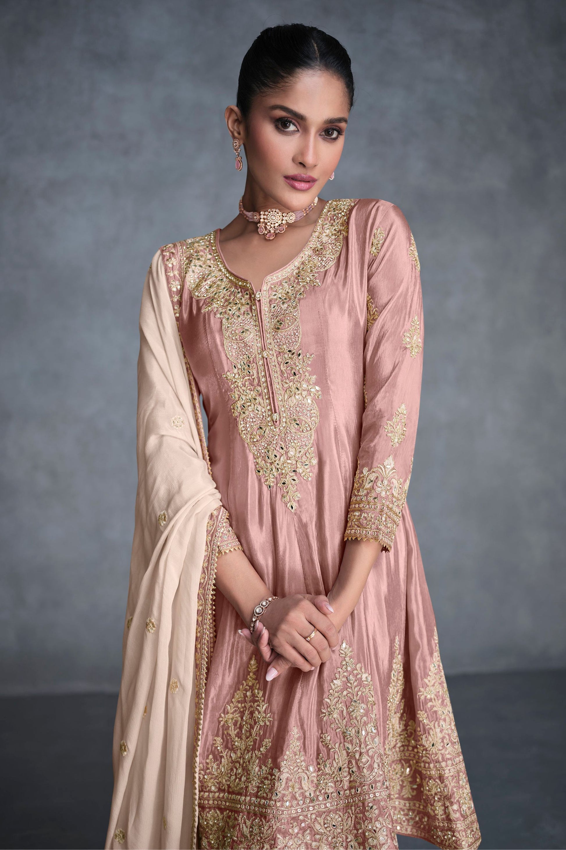 Baby Pink Organza Salwar Kameez For Indian Suit Festivals & Pakistani Weddings - Embroidery Work