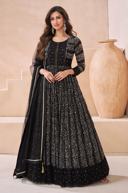 Black Georgette Floor Full Length Anarkali Suit Dress For Indian Festivals & Weddings - Embroidery Work