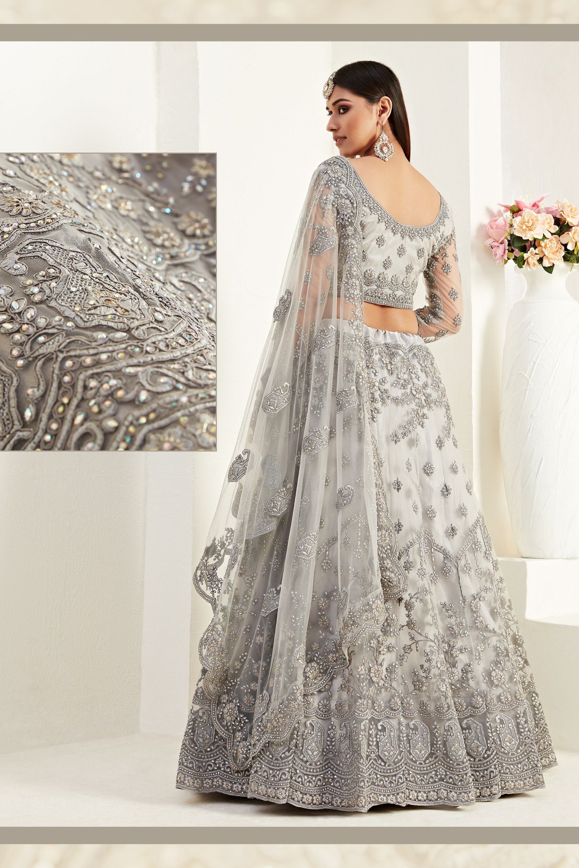 Grey Net Lehenga Choli For Indian Festivals & Weddings - Thread Embroidery Work, Codding Embroidery Work, Butta Work, Stone Work