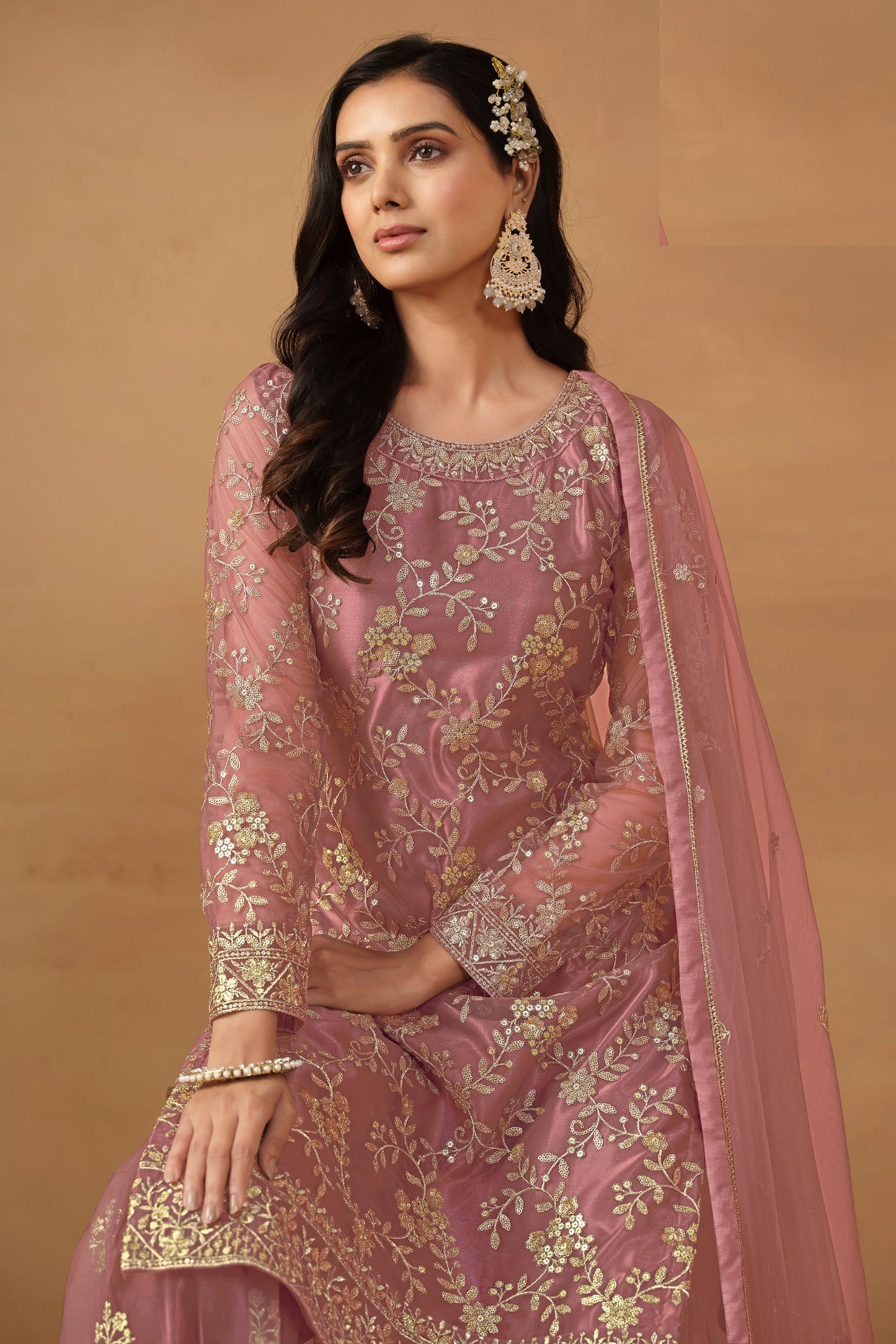 Pink Net Sharara Suit Dress For Indian Festivals & Weddings - Thread & Sequence Embroidery Work