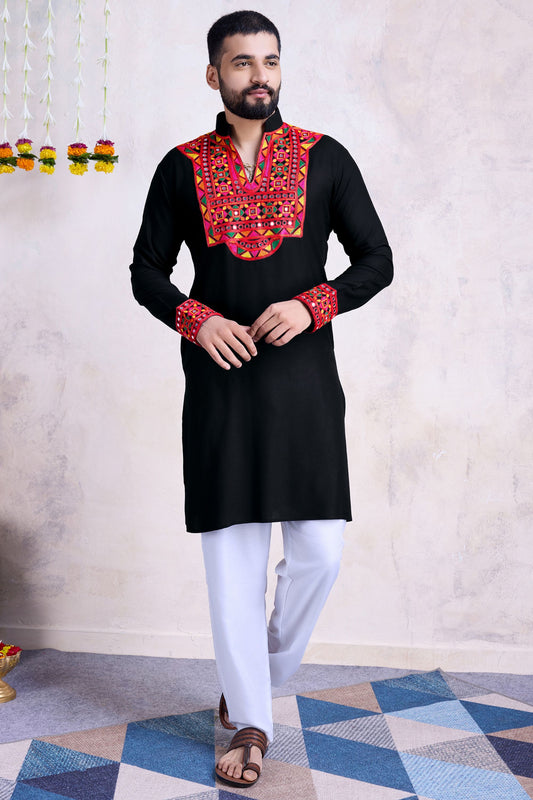 Black Rayon Kurta Pyjama for Men For Navratri Garba Festivals - Embroidery Work, Real Mirror Work