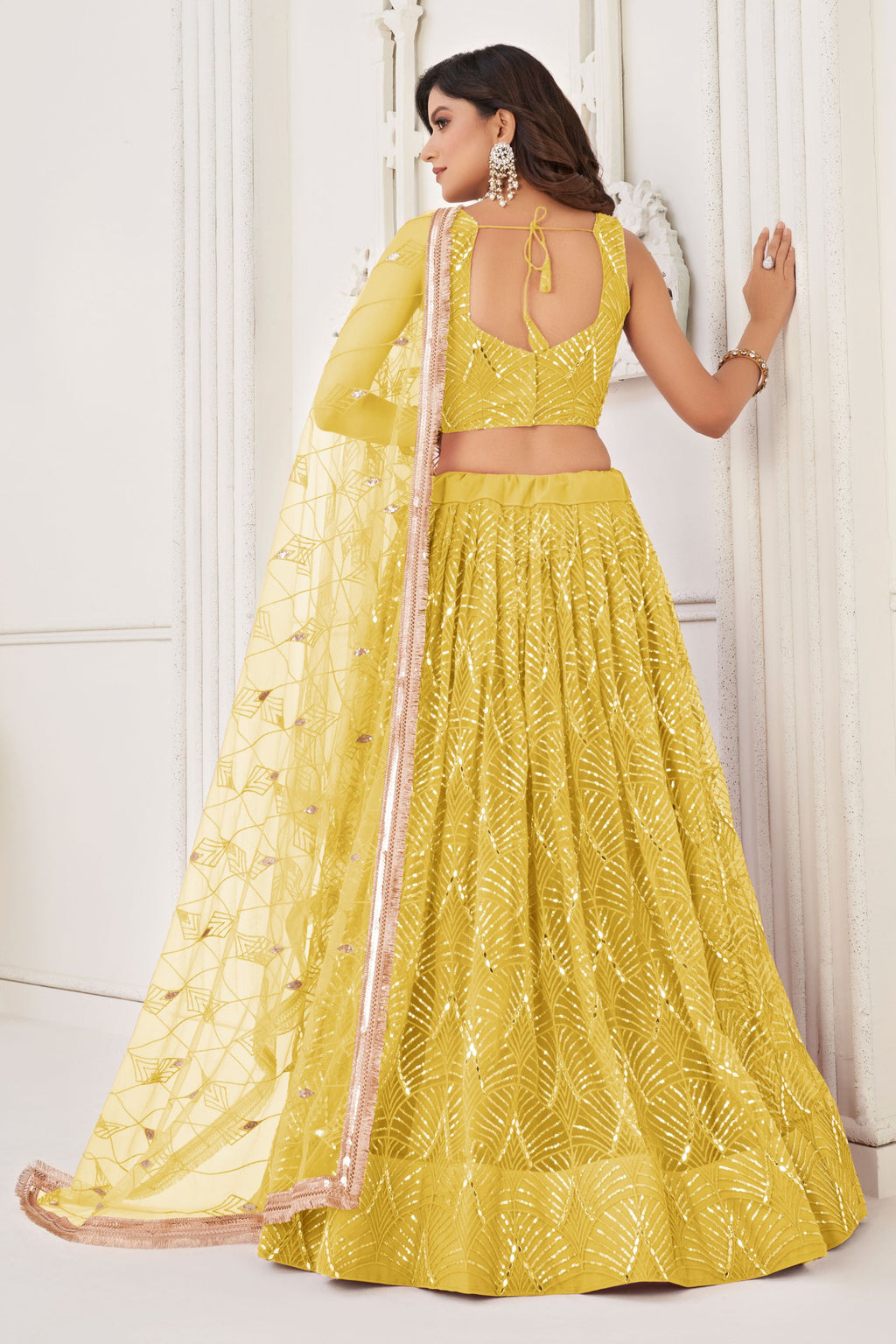 Yellow Net Embroidered Lehenga Choli For Indian Festival & Weddings - Embroidery Work