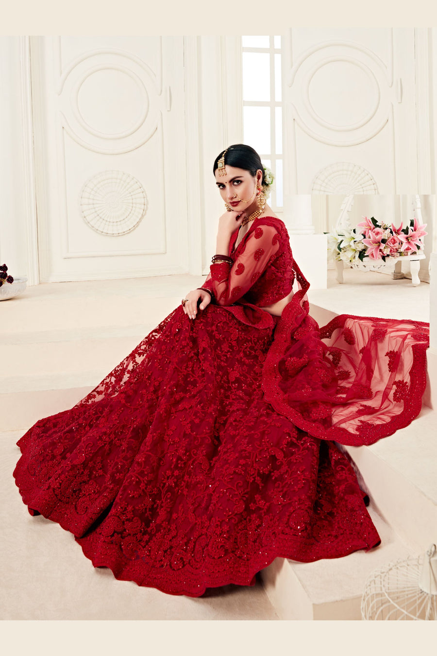 Red Net Lehenga Choli For Indian Festivals & Weddings - Thread Embroidery Work, Codding Embroidery Work, Butta Work, Stone Work