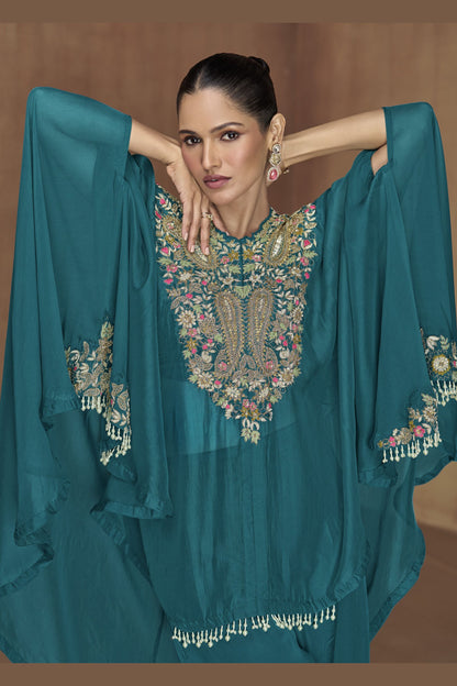 Teal Silk Kaftan Plazo Suit For Indian Weddings & Pakitani Festival - Embroidery Work