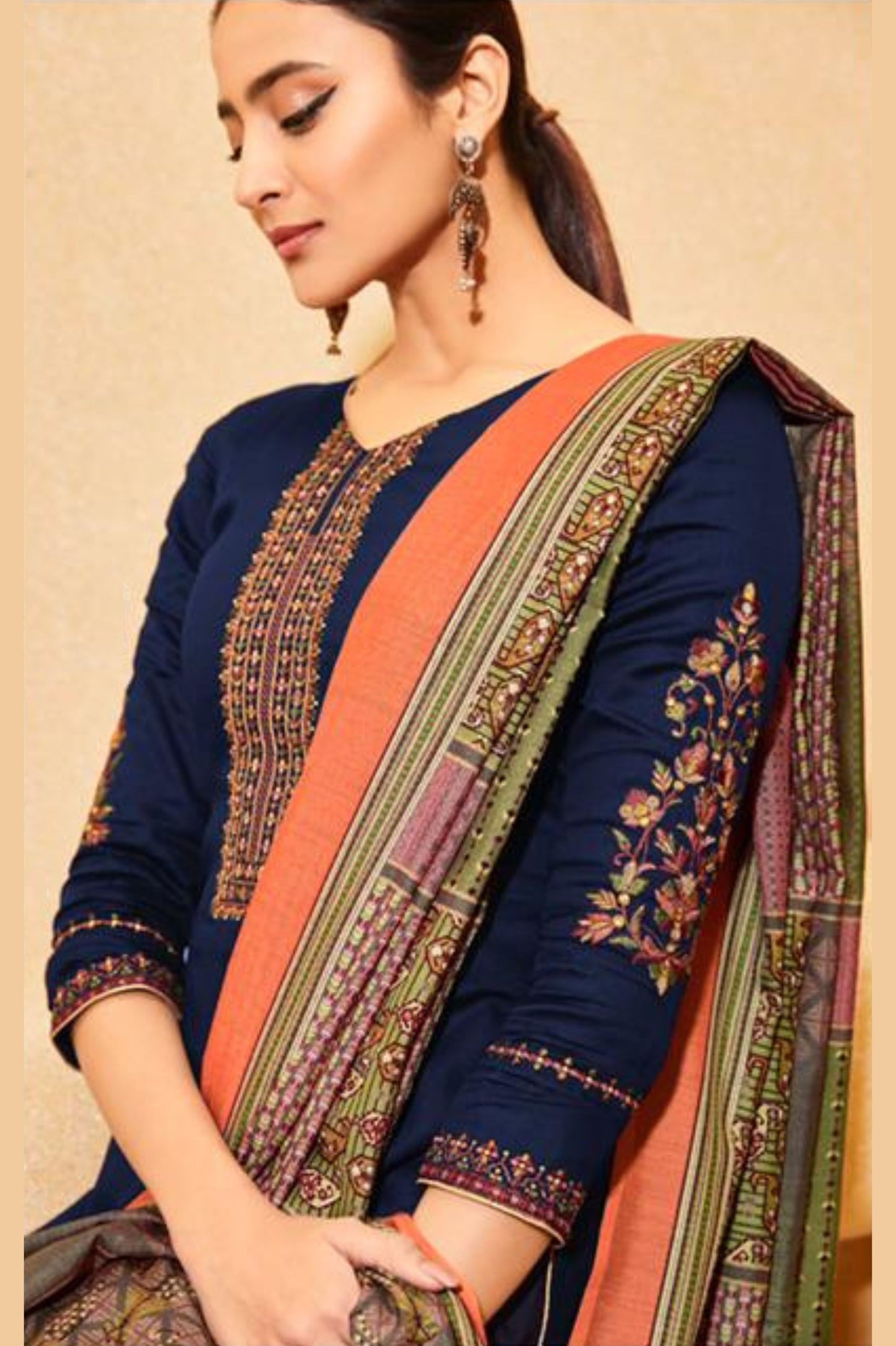 Navy Blue Satin Kameez with Churidar For Indian Suit Festivals & Pakistani Weddings - Embroidery Work, Printed Work