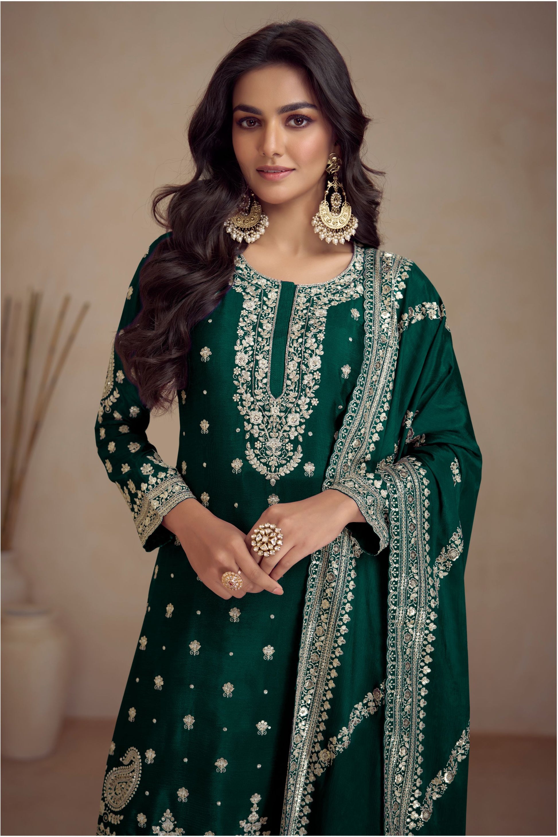 Green Chinon Silk Palazzo Suit For Indian Weddings & Pakitani Festival - Embroidery Work