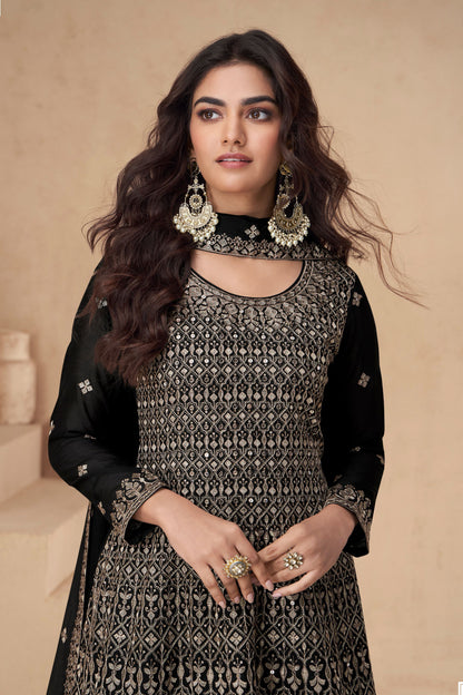 Black Chinon Silk Plazo Suit For Wedding & Festival - Embroidery Work