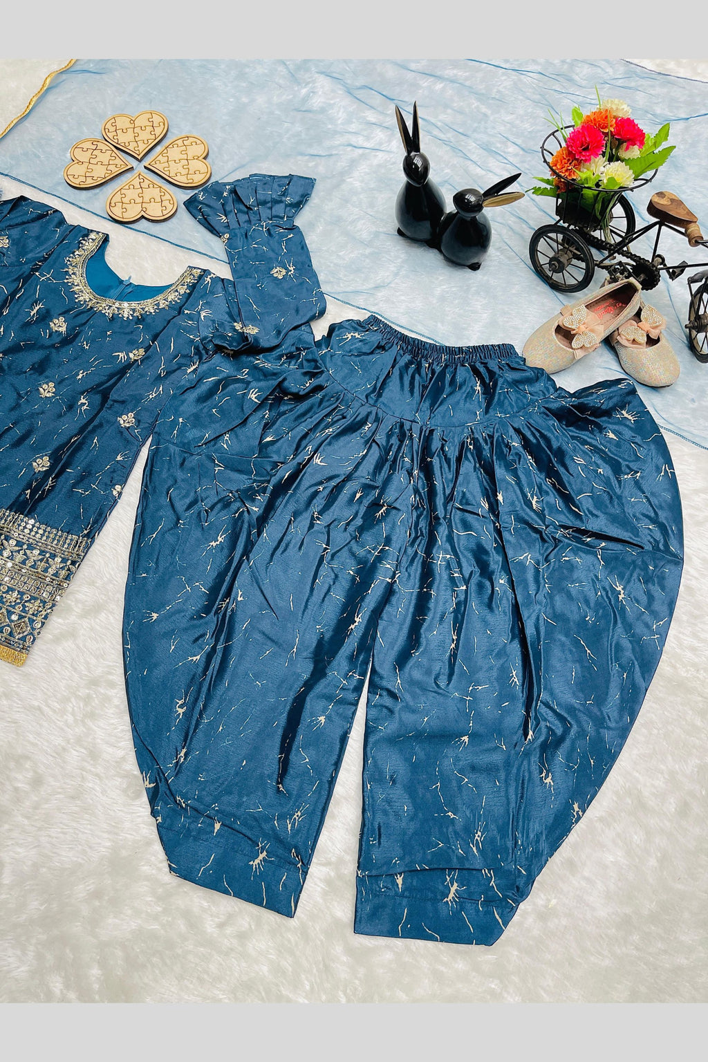 Teal Chinon Silk Kids Wear Girls Dhoti Style Salwar with Kameez & Dupatta Suit for Kids for Festivals & Wedding - Sequence Embroidery Work, Print Work