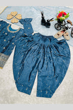 Teal Chinon Silk Kids Wear Girls Dhoti Style Salwar with Kameez & Dupatta Suit for Kids for Festivals & Wedding - Sequence Embroidery Work, Print Work