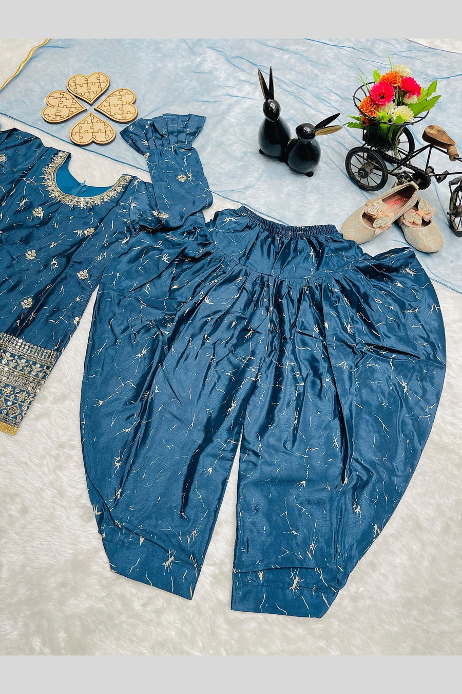 Teal Chinon Silk Kids Wear Girls Dhoti Style Salwar with Kameez & Dupatta Suit for Kids for Festivals & Wedding - Sequence Embroidery Work, Print Work