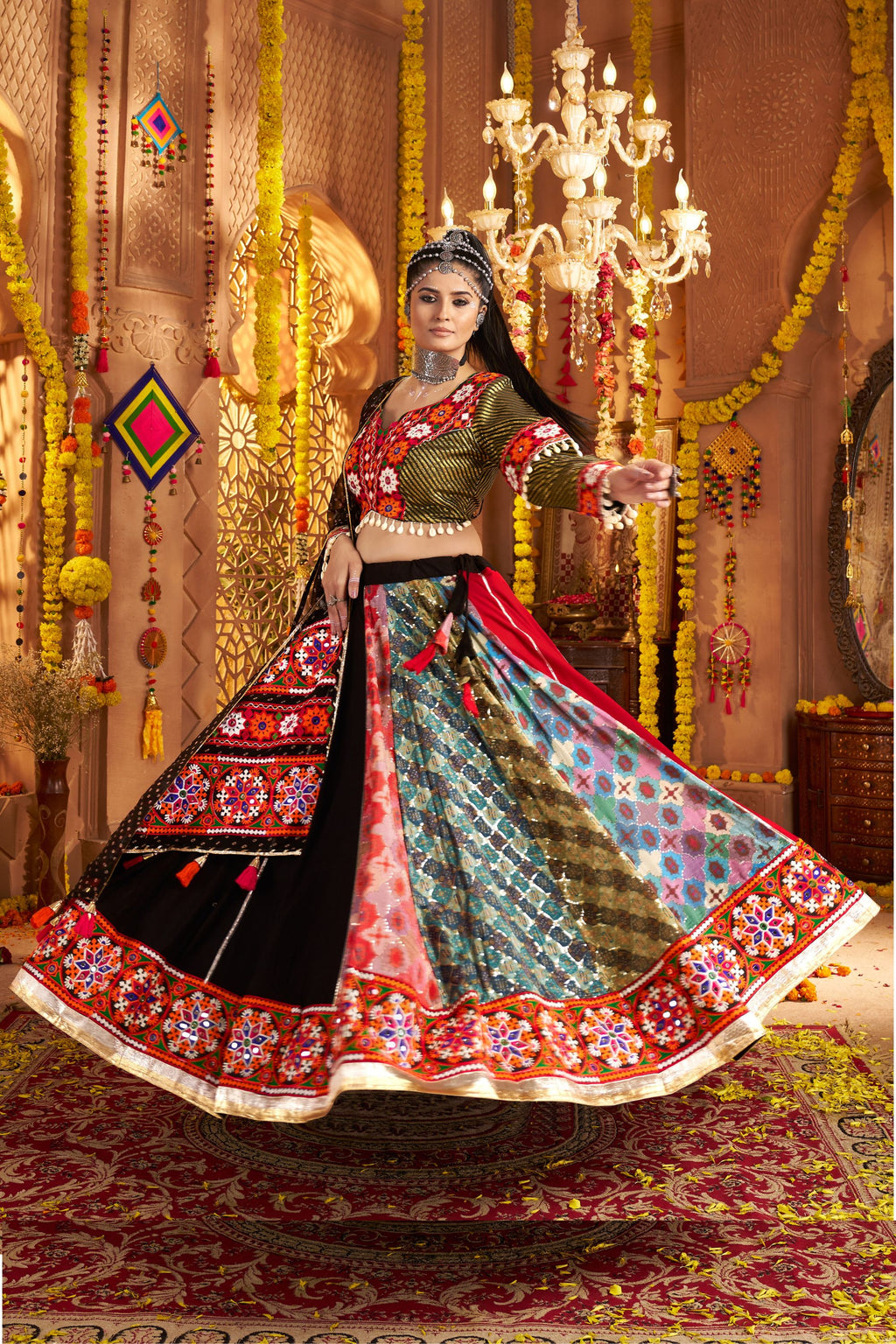 Black Viscose Rayon Chaniya Choli For Navratri Garba Indian Festivals 9 Meter Flair - Embroidery Work, Real Mirror Work, Print Work