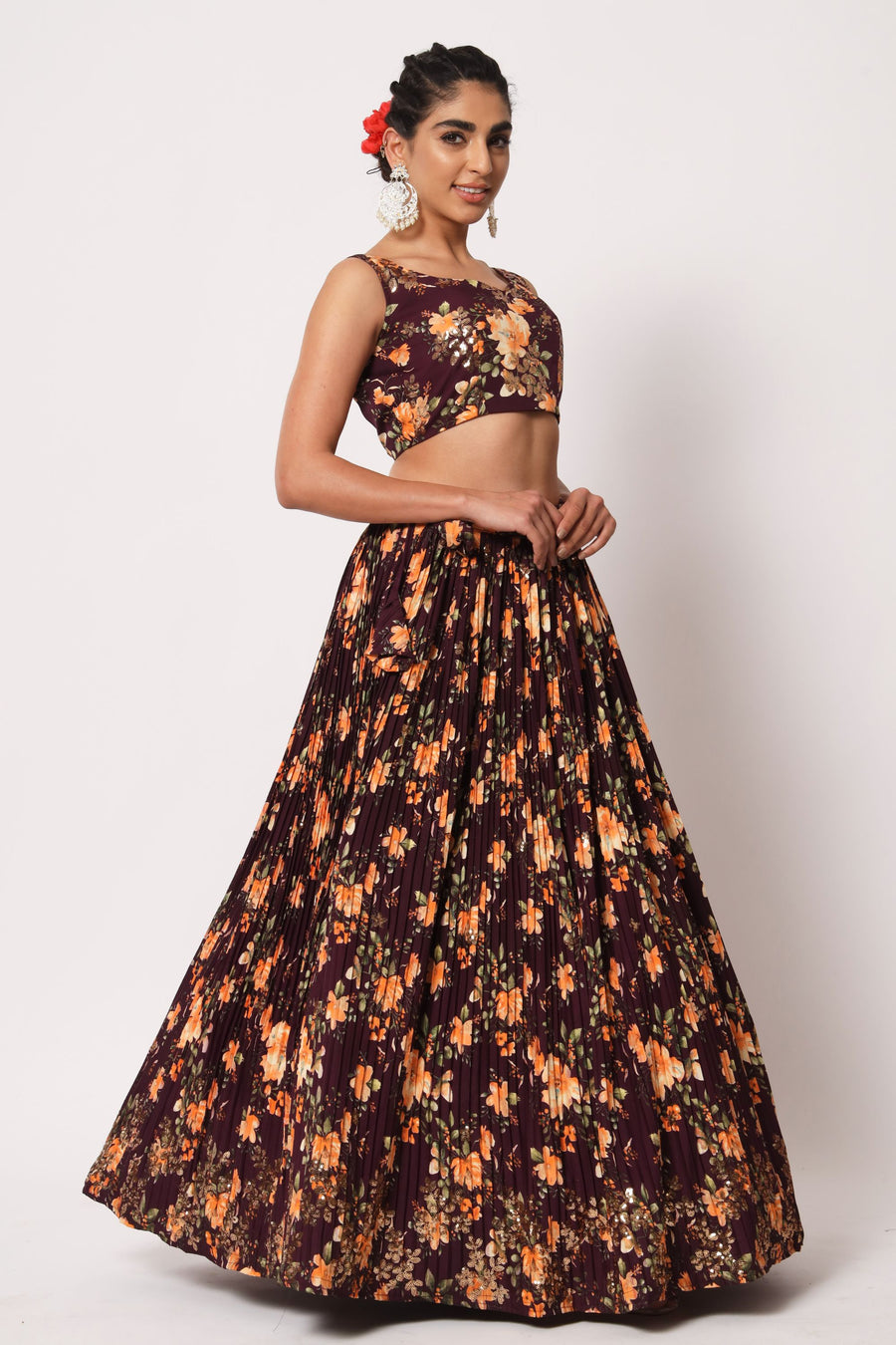 Purple Art Silk Floral Printed Lehenga Choli For Indian Festivals & Weddings - Print Work, Sequence Embroidery Work, Thread Embroidery Work,