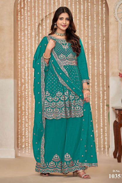 Turquoise Chinon Silk Palazzo Suit For Indian Festivals & Weddings - Embroidery Work