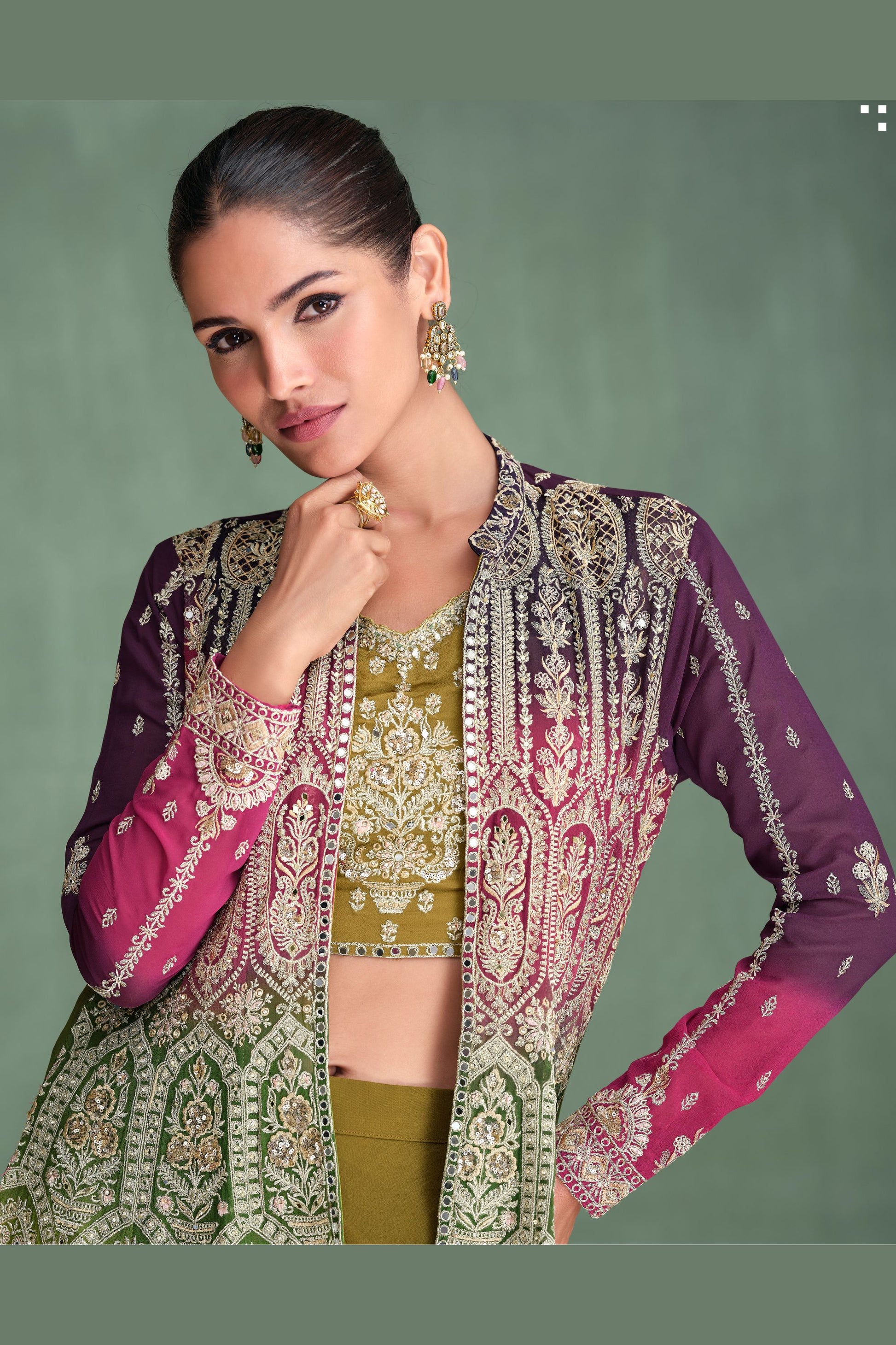 Olive Georgette Lengha For Indian Festivals & Pakistani Weddings Dress - Embroidery Work, Mirror Work