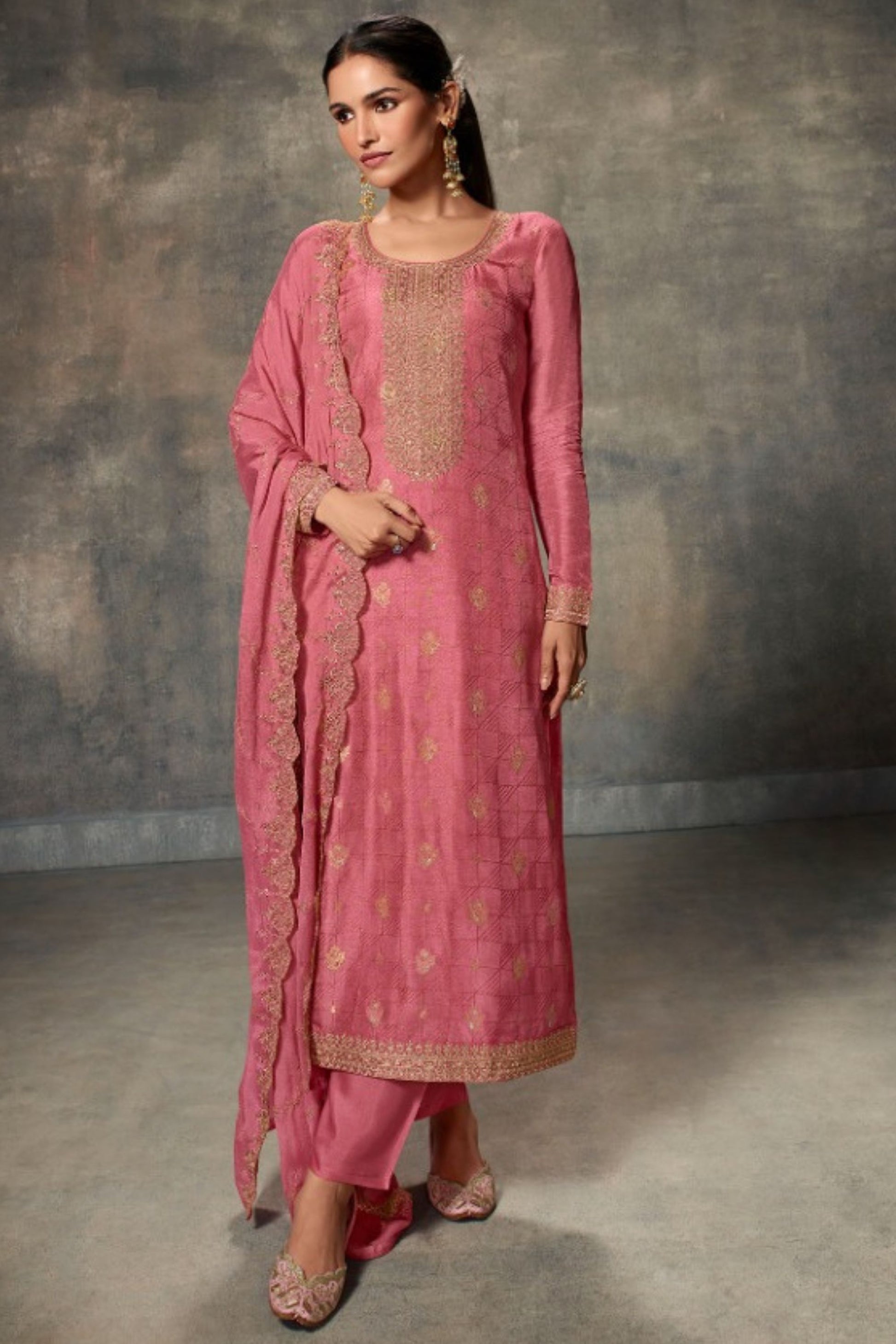 Pink Viscose Kameez with Pant For Indian Suit Festivals & Pakistani Weddings - Embroidery Work