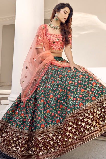 Green Pakistani Art Silk Lehenga Choli For Indian Festivals & Weddings - Sequence Embroidery Work, Thread Embroidery Work,