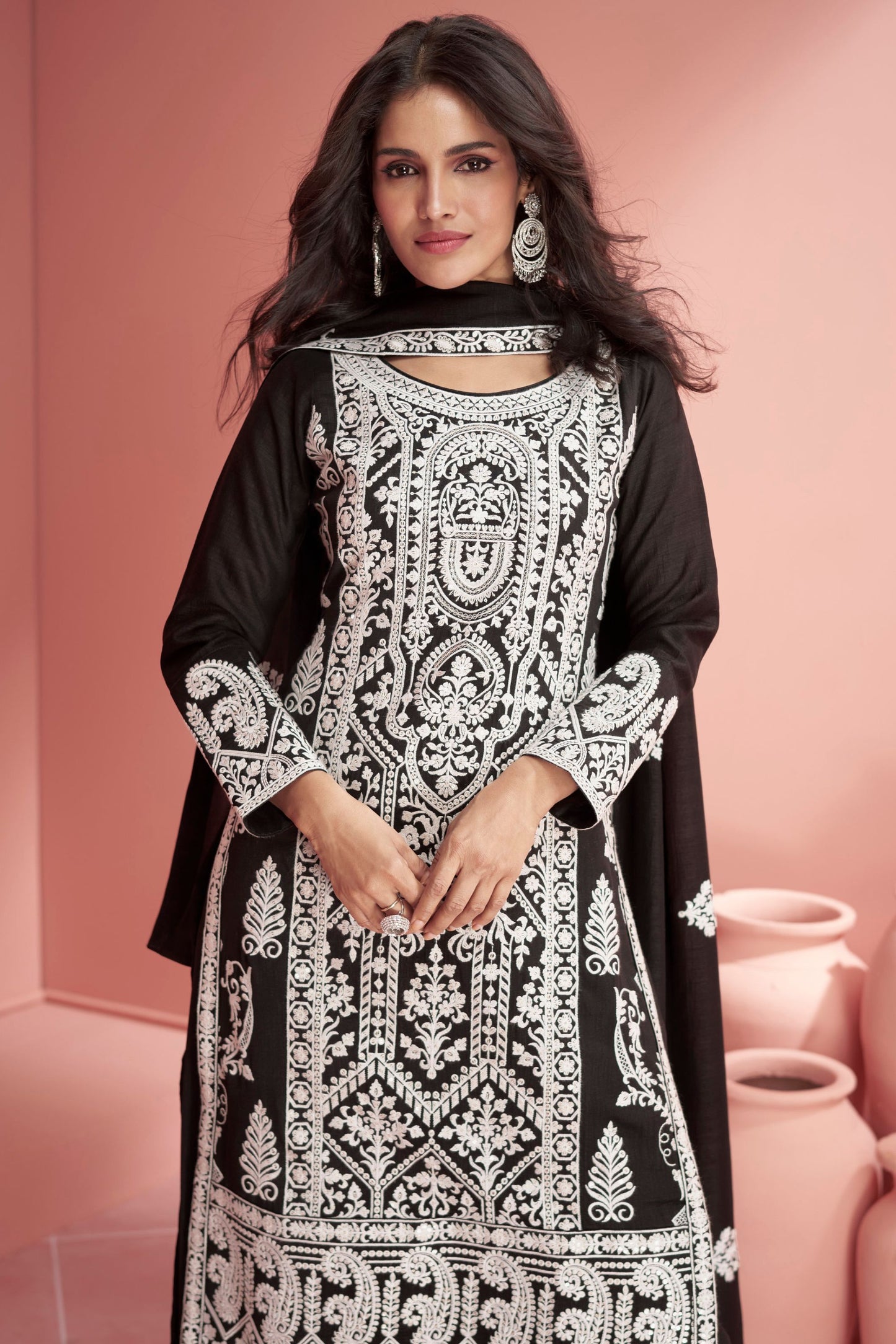 Black Silk Plazo Suit For Indian Wedding & Pakitani Festival - Embroidery Work