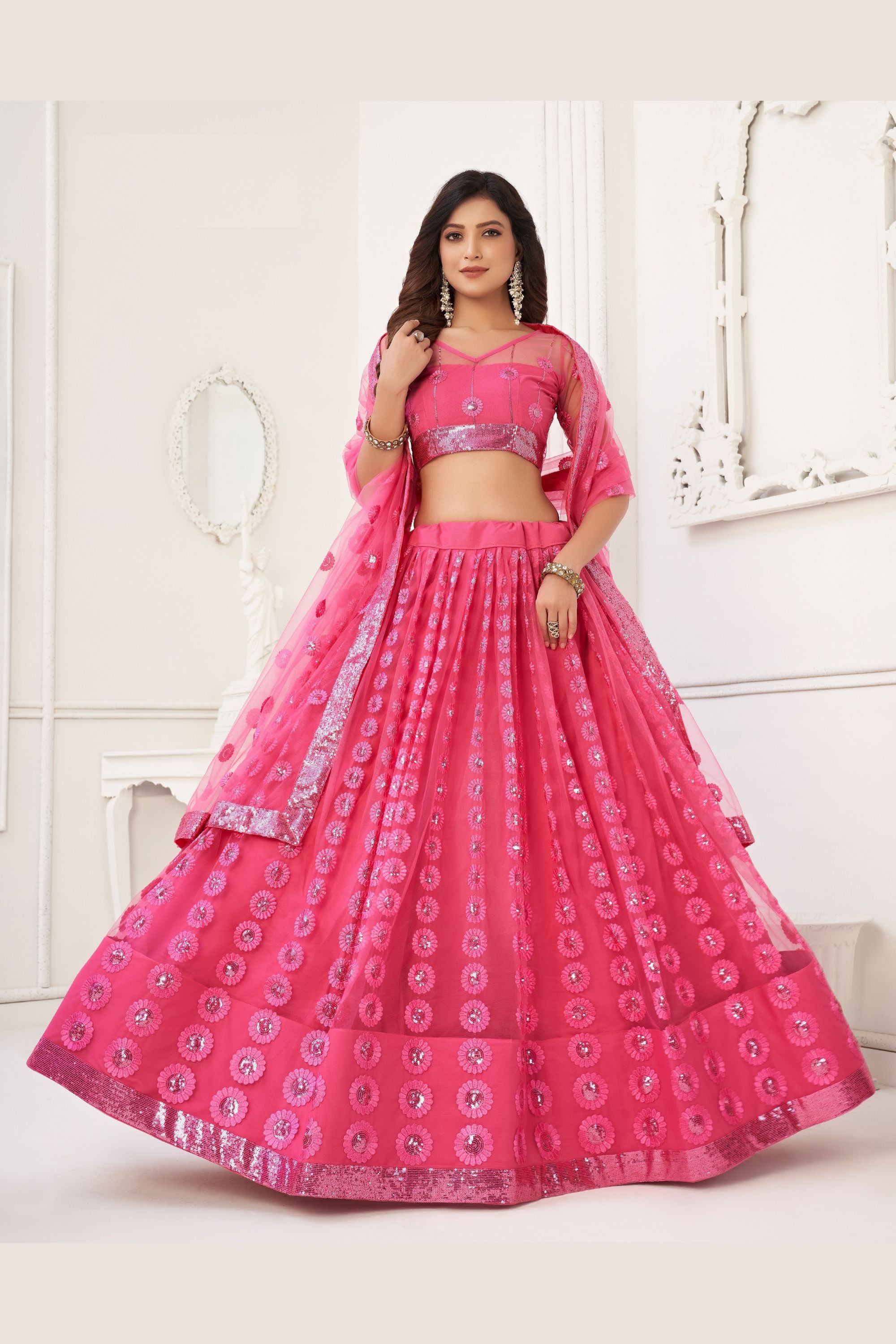 Pink Net Embroidered Lehenga Choli For Indian Festival & Weddings - Embroidery Work