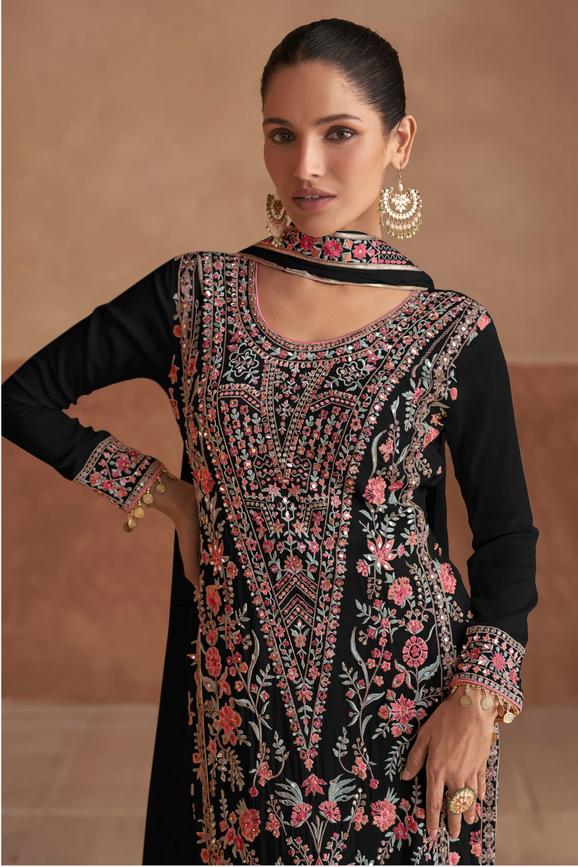 Black Chinon Silk Salwar Kameez For Indian Festivals & Weddings - Embroidery Work