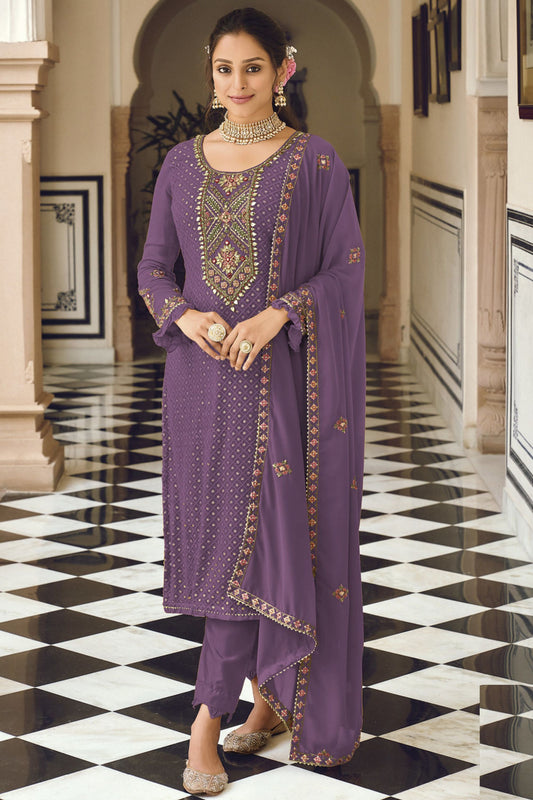 Purple Georgette Kameez with Pant For Indian Suit Festivals & Pakistani Weddings - Embroidery Work