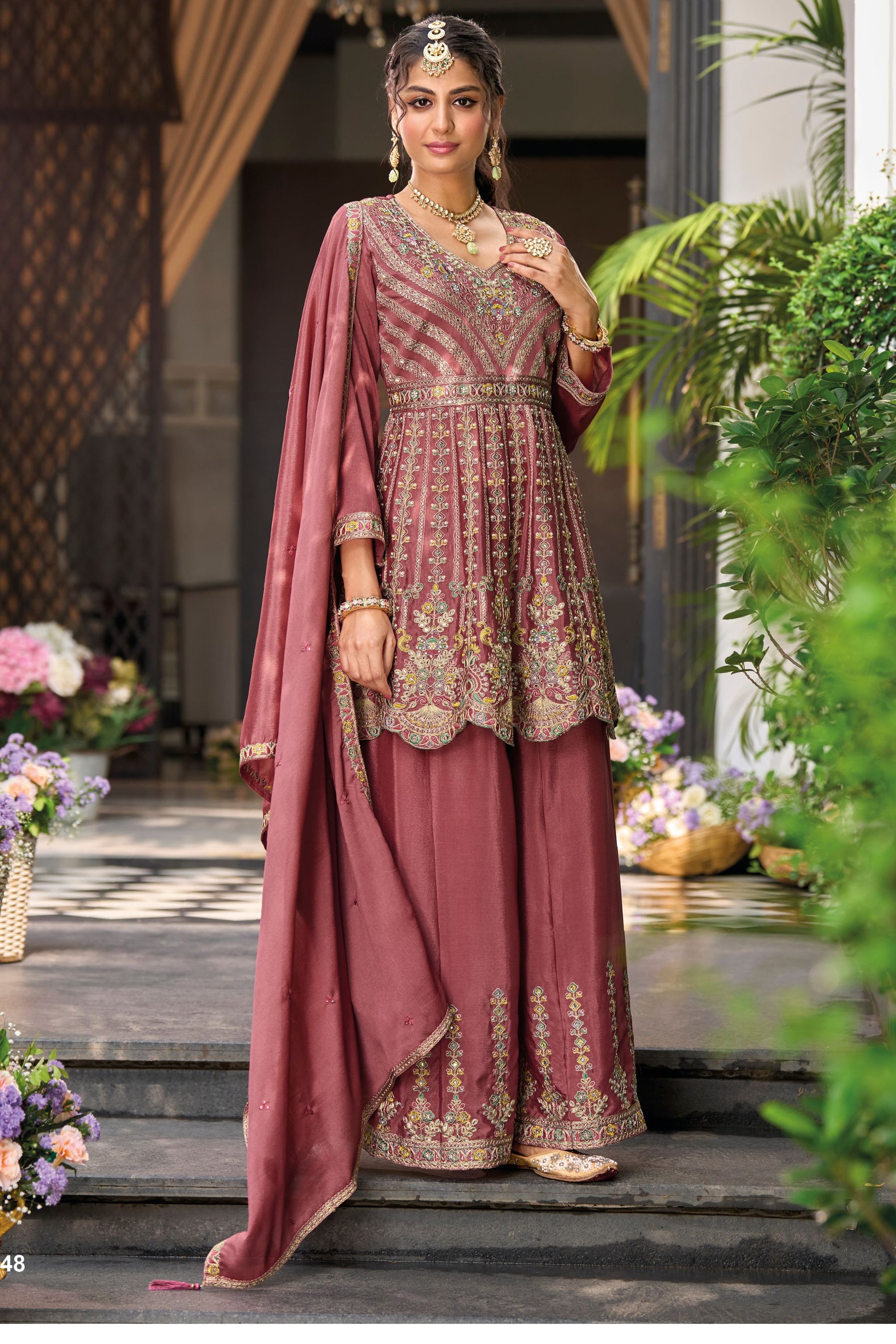 Dark Peach Chinon Silk Kameez with Plazo For Indian Festivals & Weddings - Embroidery Work