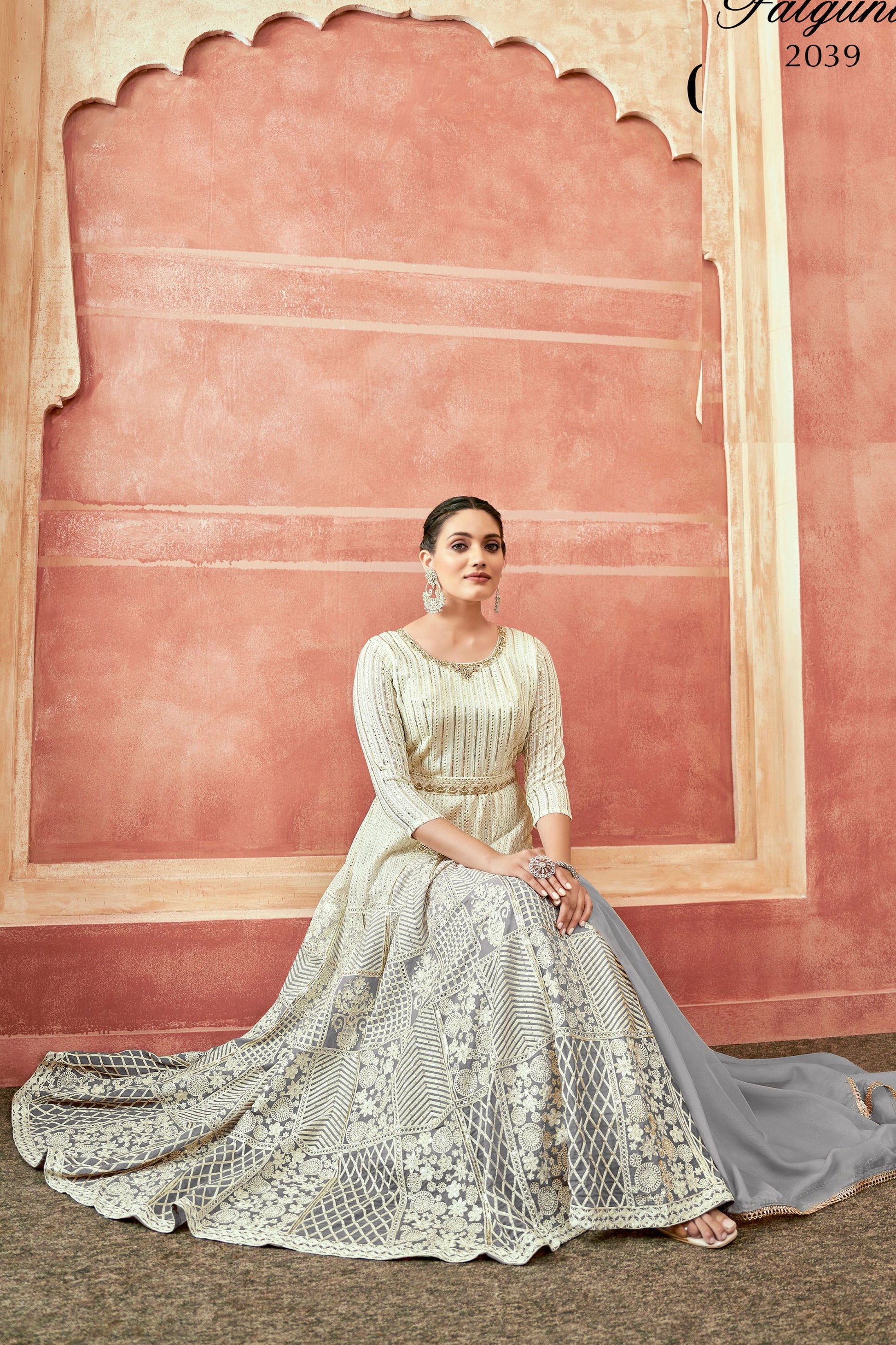 Gray Georgette Full Floor Dual Tone Length Anarkali Gown For Indian Festivals & Weddings - Thread Embroidery Work, Print Work