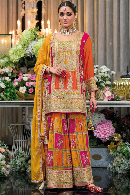 Orenge Yellow Chinon Silk Kameez with Plazo For Indian Festivals & Weddings - Embroidery Work