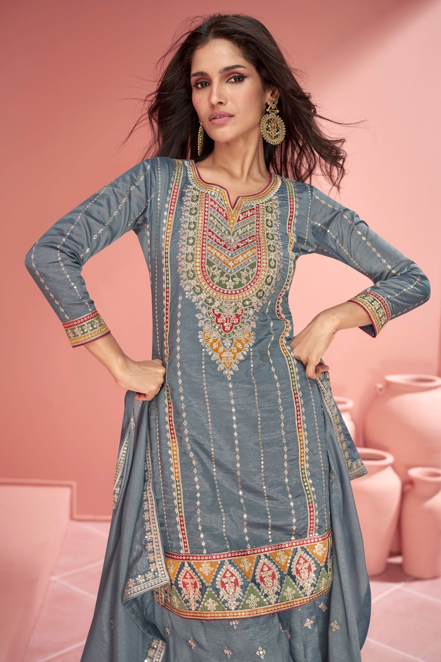 Gray Organza Silk Plazo Suit For Indian Festivals & Pakistani Weddings - Embroidery Work