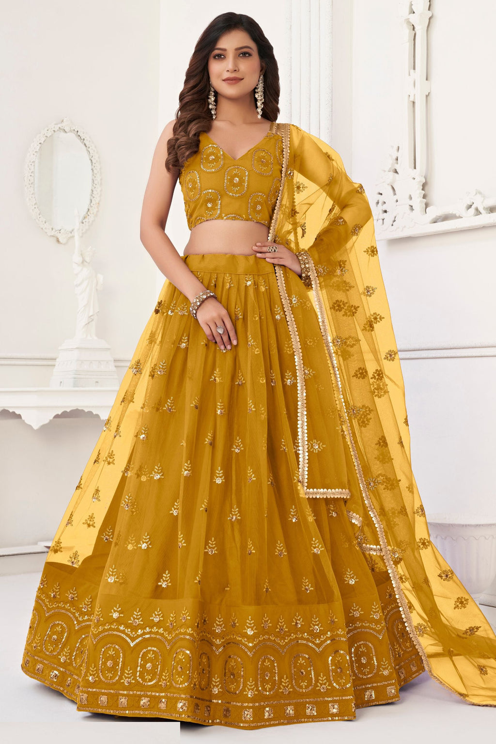 Yellow Net Lengha Choli For Indian Festivals & Pakistani Weddings Dress - Embroidery Work
