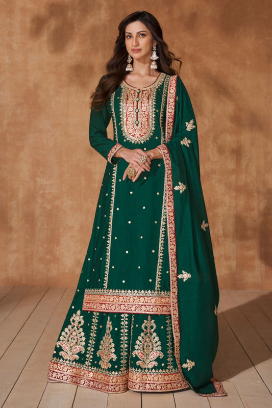 Green Silk Palazzo Suit For Indian Weddings & Pakitani Festival - Embroidery Work
