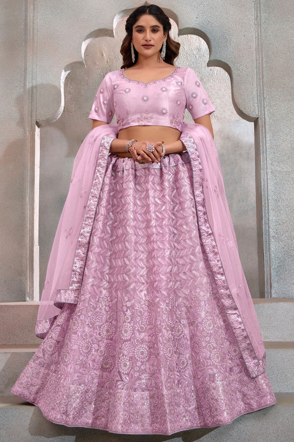Light Purple Net Lehenga Choli For Indian Festival & Weddings - Thread Embroidery Work, Sequence Embroidery Work