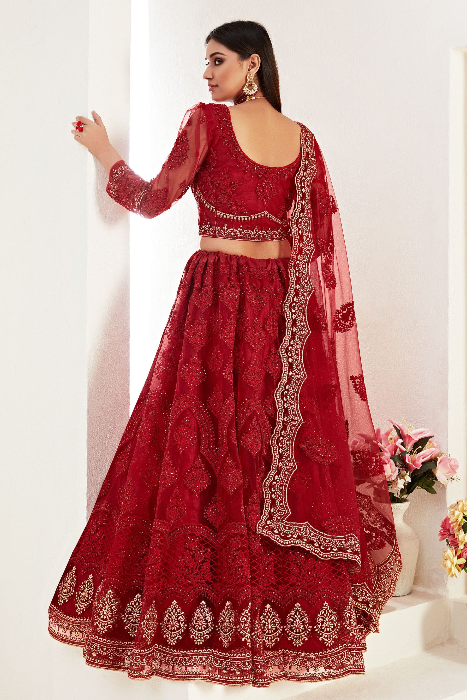 Red Net Lehenga Choli For Indian Festivals & Weddings - Thread Embroidery Work, Codding Embroidery Work, Stone Work