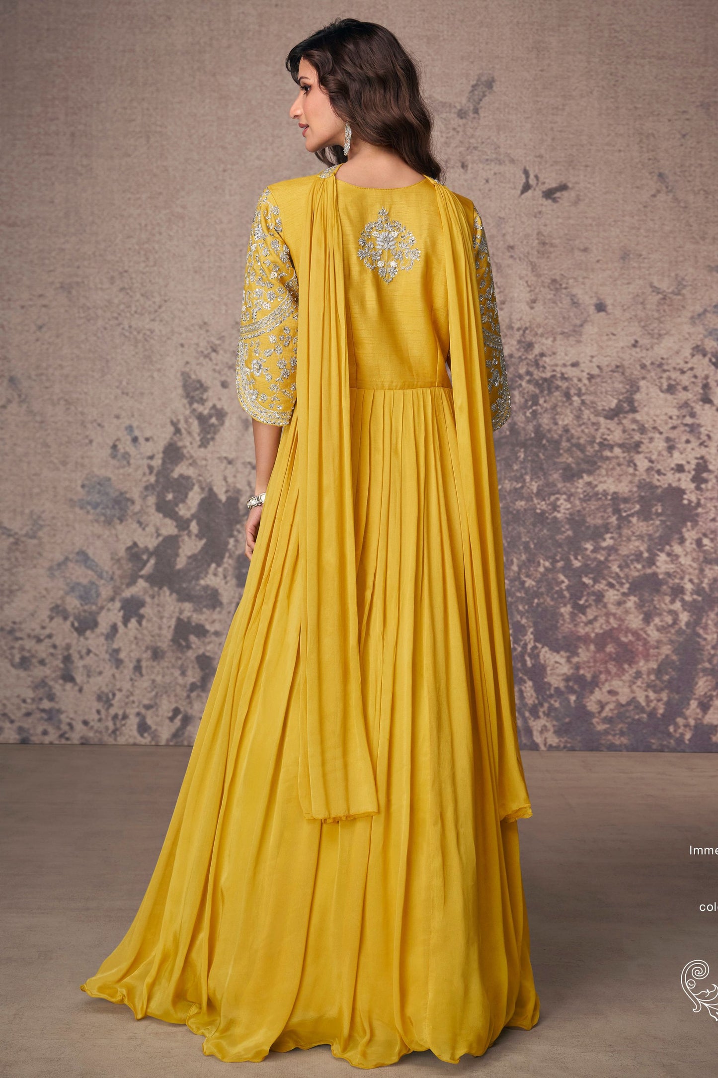 Yellow Chinon Silk Anarkali Gown For Indian Festivals & Weddings - Embroidery Work