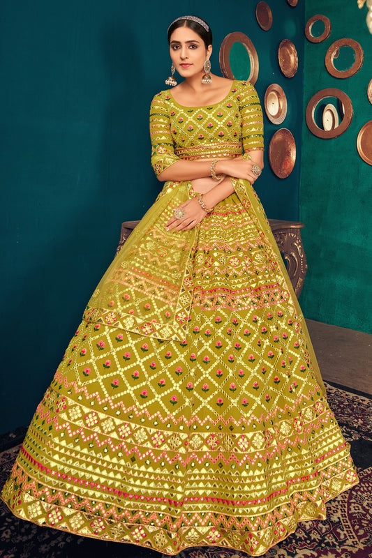 Olive Pakistani Georgette Lehenga Choli For Indian Festivals & Weddings - Thread Embroidery Work,
