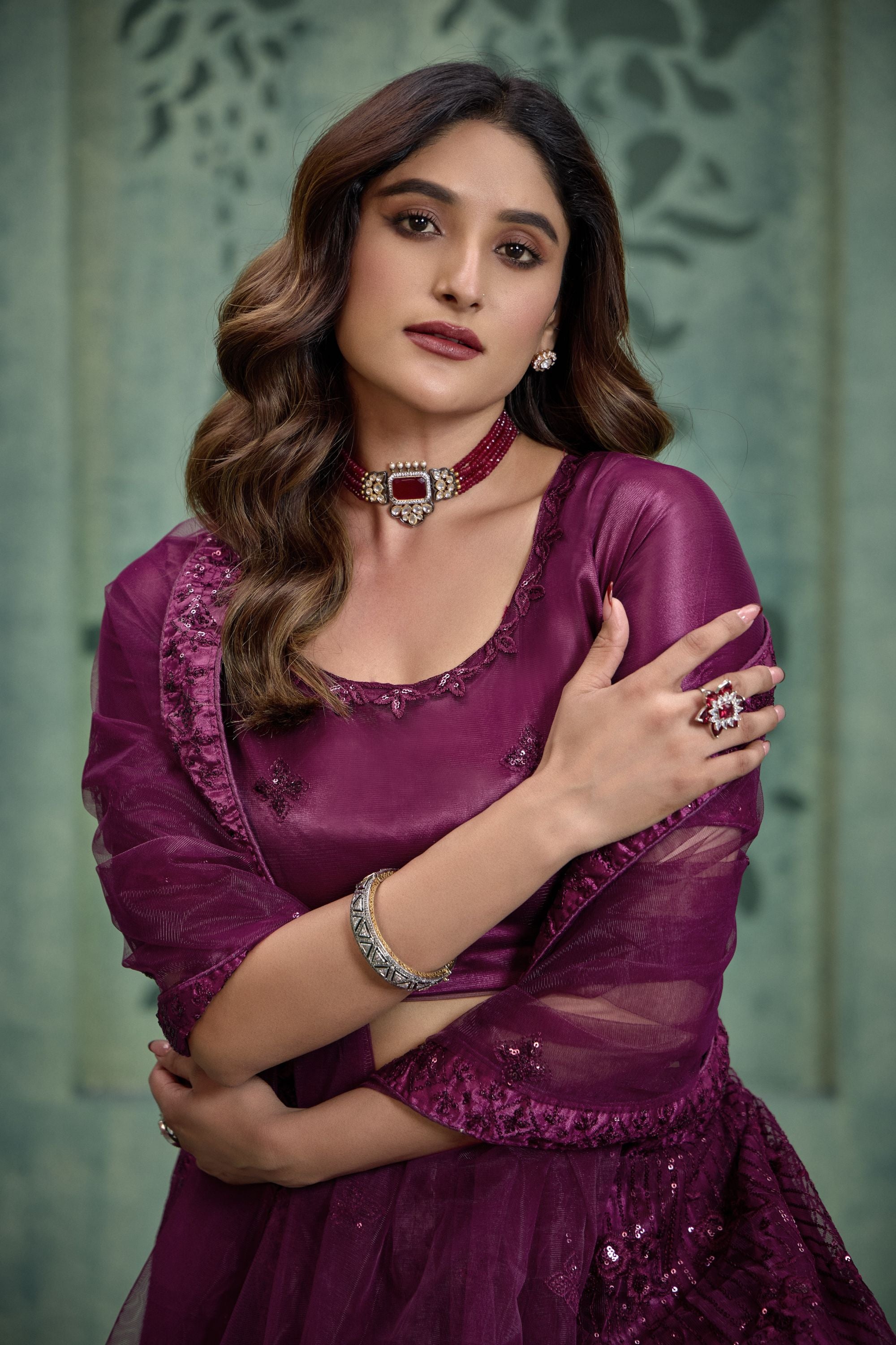 Dark Purple Net Lehenga Choli For Indian Festivals & Pakistani Weddings Dress - Thread Embroidery Work, Sequence Embroidery Work